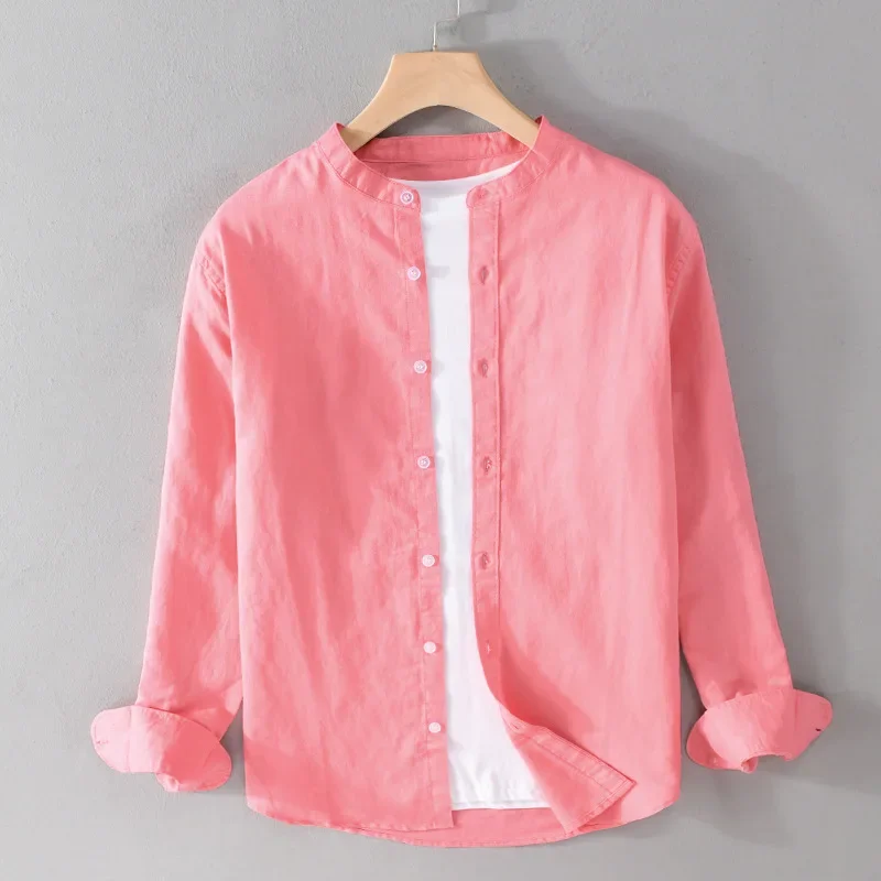 Long Sleeve Cotton Linen Shirt Men Spring Summer Beach Mens Shirts 4XL Solid Stand Collar Shirt Breathable Top Simple Clothing