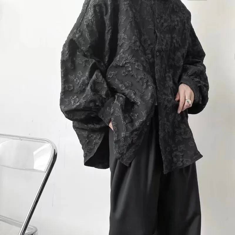 Autumn Japanese-style Embossed Jacquard Shirt Long-sleeved Loose and Laid-back Style Bat-sleeved Neutral Shirt Simple and Casual
