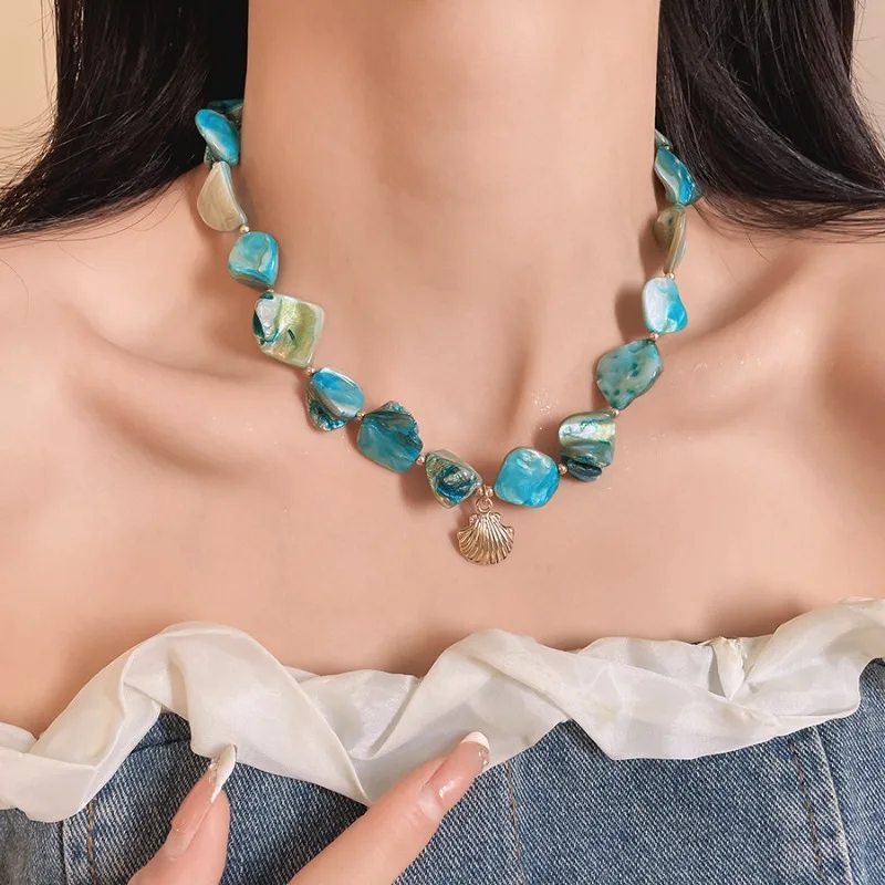 Sea Blue Irregular Starfish Pendant Necklaces for Women Shell Imitation Pearl Choker Necklace Seaside Holiday Collarbone Chain M - Image 3