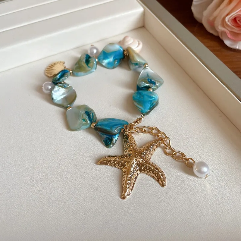 Sea Blue Irregular Starfish Pendant Necklaces for Women Shell Imitation Pearl Choker Necklace Seaside Holiday Collarbone Chain M - Image 4