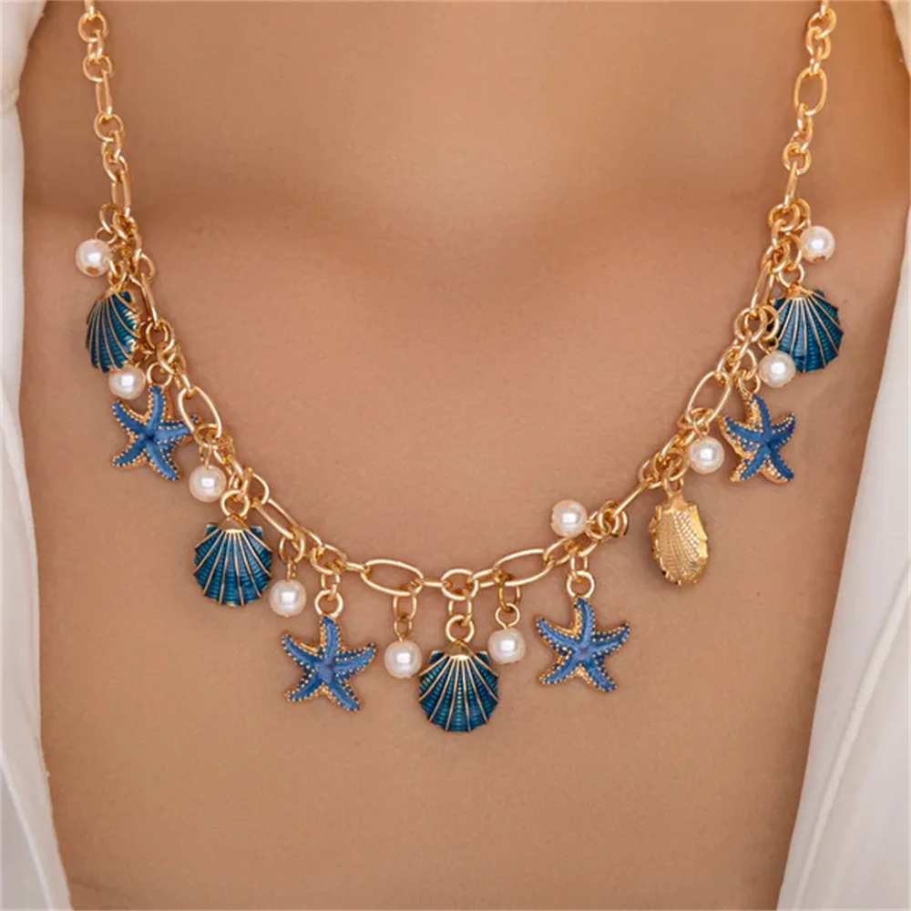 Boho Starfish Scallops Pendant Choker Necklace for Women Elegant Tassel Chain Sunflower Aesthetic Wed Beach Pearl Jewelry