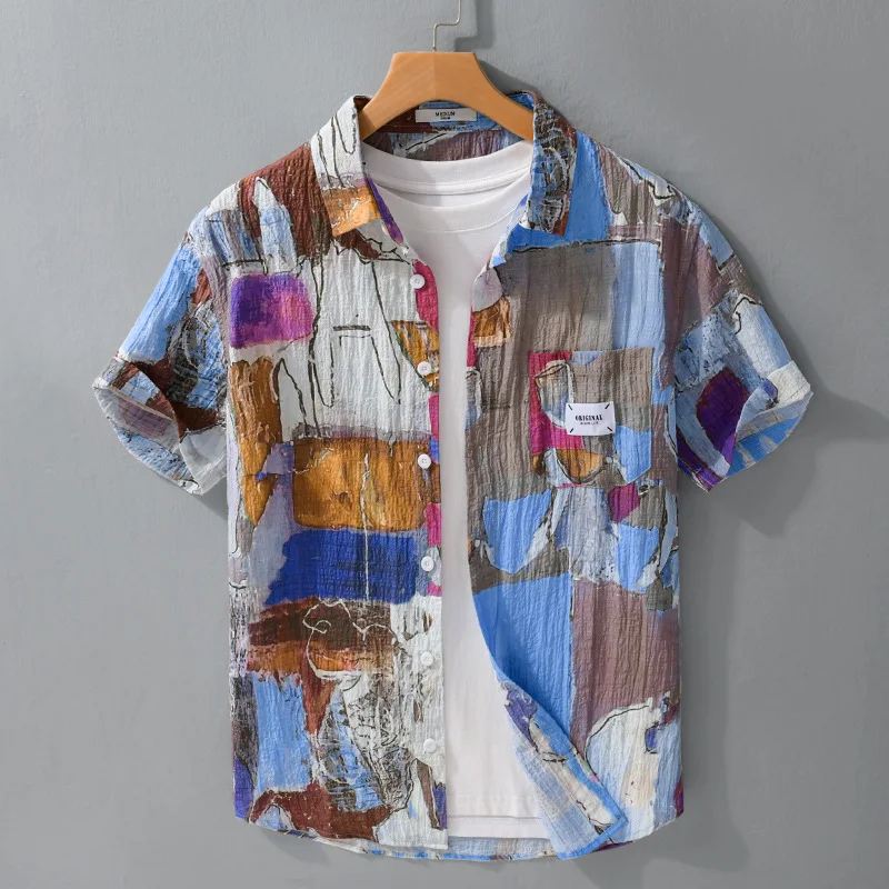 2026 Summer New Men's Shirts Holiday Beach Hawaii Shirt Men Short Sleeve Printed Shirt with Pocket Youth Streetwear Fashion Tops